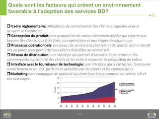 1.11
Quels sont les facteurs qui créent un environnement
favorable à l’adoption des services BD?
 Cadre réglementaire: obligations de connaissance des clients auxquelles ceux-ci
peuvent se conformer.
 Conception du produit: une proposition de valeur clairement définie qui répond aux
besoins des clients, aux frais fixés, aux opérations et aux étapes de dépannage.
 Processus opérationnels: processus de service à la clientèle et de soutien administratif
mis en place pour permettre aux clients d’accéder au service BD.
 Réseau de distribution: une stratégie qui permet d’accroître la pénétration des
commerçants à proximité des clients et les incite à respecter la proposition de valeur.
 Interface avec le fournisseur de technologie: une interface qui a été testée, fonctionne
correctement et qui est facilement utilisable par les clients et les commerçants.
Marketing: une campagne de publicité qui contribue à la promotion du service BD et
ses avantages.
 