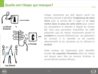 1.14
Quelle est l’étape qui manque?
L’étape importante qui doit figurer parmi les
priorités consiste à identifier l’expérience de votre
client avec le service BD. Il s'agit ici de vous
mettre dans la peau de votre client pour cerner
ses perceptions et attentes à l’égard du service
BD. Cela vous permettra d’identifier les défis
potentiels que les clients rencontrent quand ils
accèdent au service (influencé par les opérations
de services à la clientèle et de soutien
administratif) et les situations où ils utilisent le
produit.
Cette analyse est importante pour identifier
ensuite les capacités financières dont les clients
ont besoin pour être en mesure d’utiliser le
service BD de manière efficace.
 