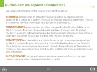 1.16
Quelles sont les capacités financières?
Les capacités financières sont le résultat d’une combinaison de:
ATTITUDES par lesquelles on entend l’évaluation positive ou négative par une
personne de la valeur de la gestion financière de manière proactive notamment l’intérêt
d’essayer une nouvelle technologie telle que celle des services BD.
CONNAISSANCES qui permettent aux clients de prendre des décisions éclairées, en
étant en mesure de: évaluer le rapport coûts-avantages d’une décision de gestion
financière, y compris l’utilisation d’un produit ou d’un service financier; et déterminer la
façon dont la décision influera sur leur bien-être financier en général.
COMPETENCES qui permettent aux clients de mettre ces connaissances en pratique,
en étant en mesure de: gérer leur argent, y compris l’utilisation d’un service financier,
d’une façon qui est avantageuse pour eux et résoudre les problèmes qu’ils pourraient
rencontrer dans la gestion de leur argent ou dans la réalisation d’une opération liée à un
service financier.
AUTO-ÉFFICACITÉ qui s’entend par une assurance ou une confiance en soi pour
pouvoir concrétiser leurs décisions financières en actes.
 