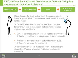 1.24
L’EC renforce les capacités financières et favorise l’adoption
des services bancaires à distance
L’Éducation des clients permet au client de «comprendre» le
service BD et d’acquérir une expérience efficace et satisfaisante
pendant l’essai.
Les capacités financières peuvent permettre aux clients de
devenir chevronnés et capables en matière d’utilisation des
services BD en les aidant à:
 Éliminer les conceptions erronées susceptibles d’entraver une
évaluation équitable des avantages potentiels des services BD.
 Prendre des décisions éclairées au fur et à mesure qu’ils
évaluent l’importance des services BD.
Un tel soutien accroît leurs chances de relever de manière plus
efficace les défis et de pérenniser l’utilisation régulière des
services BD.
 