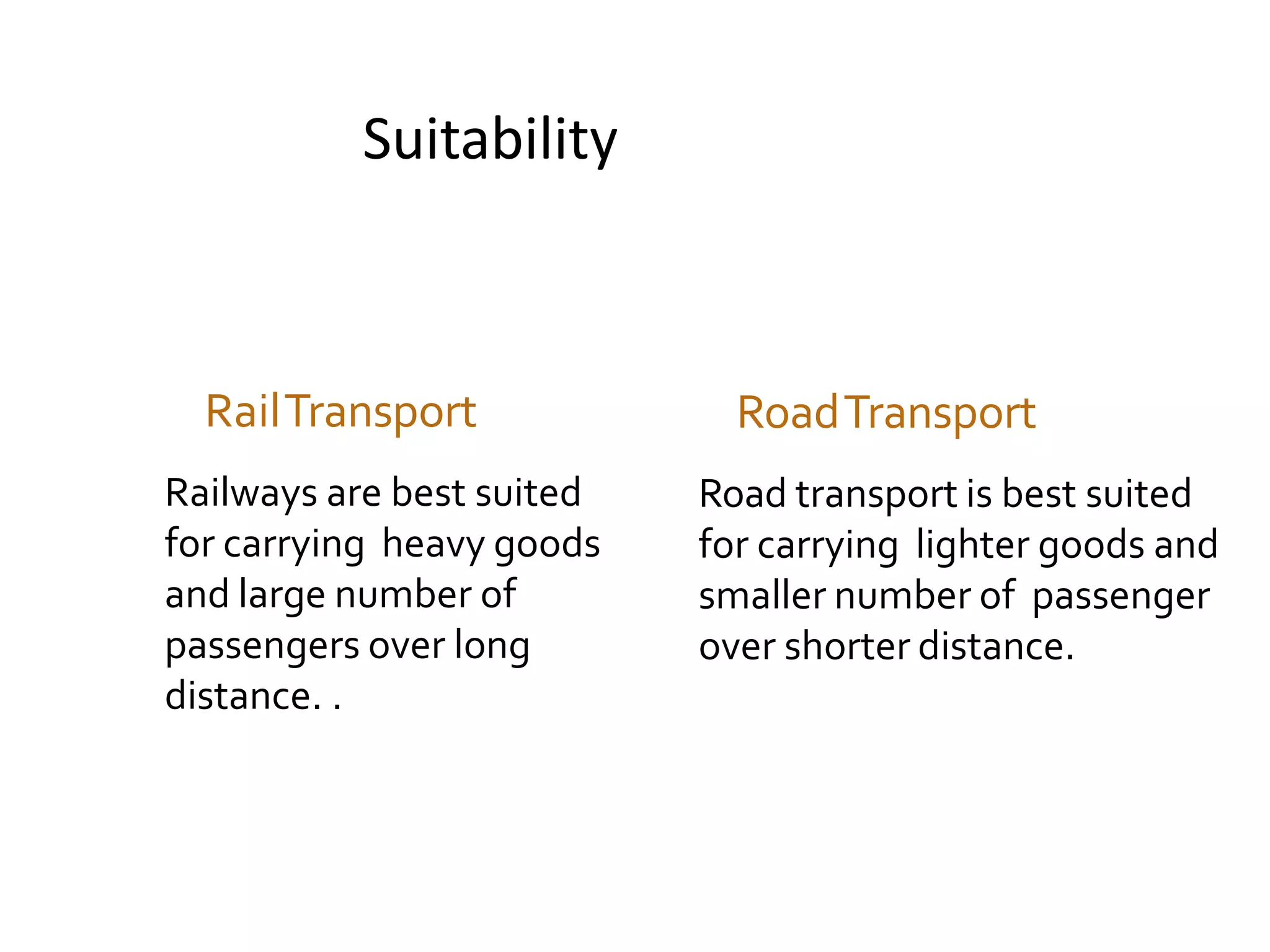 Suitability
RailTransport
Railways are best suited
for carrying heavy goods
and large number of
passengers over long
distance. .
RoadTransport
Road transport is best suited
for carrying lighter goods and
smaller number of passenger
over shorter distance.
 