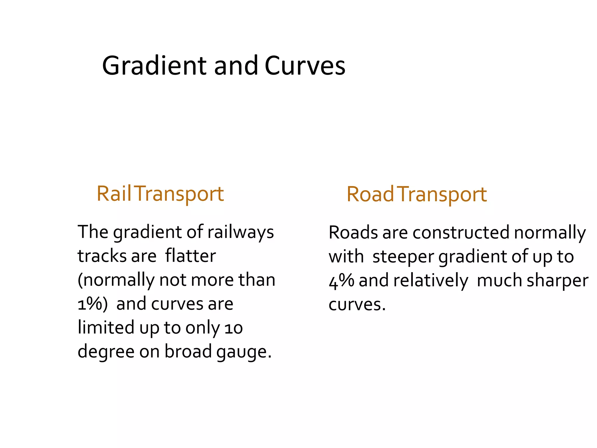 Gradient and Curves
RailTransport
The gradient of railways
tracks are flatter
(normally not more than
1%) and curves are
limited up to only 10
degree on broad gauge.
RoadTransport
Roads are constructed normally
with steeper gradient of up to
4% and relatively much sharper
curves.
 