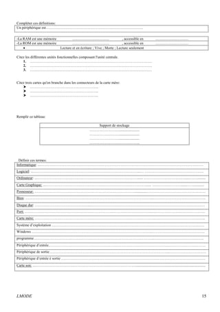Compléter ces définitions: 
Un périphérique est……………………………………………………………………. 
-La RAM est une mémoire ………………………… , accessible en ……………………… 
-La ROM est une mémoire ………………………… , accessible en ……………………… 
· Lecture et en écriture ; Vive ; Morte ; Lecture seulement 
Citez les différentes unités fonctionnelles composant l'unité centrale. 
1. ……………………………………………………………………………………… 
2. ……………………………………………………………………………………… 
3. ……………………………………………………………………………………… 
Citez trois cartes qu'on branche dans les connecteurs de la carte mère: 
 ……………………………………………….. 
 ……………………………………………….. 
 ……………………………………………….. 
Remplir ce tableau: 
Support de stockage 
……………………...................... 
……………………...................... 
……………………...................... 
………………………………….. 
Définir ces termes: 
Informatique: ...…………………………………………………………………………………………………………………… 
Logiciel: ...…………………………………………………………………………...… ………………………………………… 
Ordinateur: ...………………………………………………………………………...... ……………………………......……......... 
Carte Graphique: ...………………………………………………………………………...... ……………………......…….......... 
Possesseur: ……………………………………………………………………….............………………………………………… 
Bios: …………………………………………………………………………………………..……………………………………. 
Disque dur: ………………………………….…...………………………………………………………………………………… 
Port: …………………………………………………………………………………………..……………………………………. 
Carte mère: ……………………………………………………………………………………..………………………………….. 
Système d’exploitation ……………………………………………………………………………………………………………. 
Windows ……………………………………………………………………………………..……………………………………. 
programme……………………………………………………………………………………..………………………………….. 
Périphérique d’entrée……………………………………………………………………………………..………………………… 
Périphérique de sortie……………………………………………………………………………………..………………………… 
Périphérique d’entrée è sortie ……………………………………………………………………………………………………… 
Carte son: ...………………………………………………………………………............................................................................ 
LMODE 15 
 
