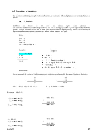 6.5 Opérations arithmétiques 
Les opérations arithmétiques simples telles que l'addition, la soustraction et la multiplication sont faciles à effectuer en 
binaire. 
6.5.1 L’addition 
L'addition en binaire se fait avec les mêmes règles qu'en décimale : 
On commence à additionner les bits de poids faibles (les bits de droite) jusqu’au bit de poids le plus fort (celui tout à 
gauche). Lorsque la somme de deux bits de poids égaux dépasse la valeur la plus grande (1 dans le cas du binaire), on 
reporte 1 au bit suivant (à gauche) et on inscrit 0 pour la somme des deux bits égaux. 
Règles : 
0 + 0 = 0 
0 + 1 = 1 
1 + 0 = 1 
1 + 1 = 0 avec report de 1 
Exemple : 
1 1-------  Report 
01101 
+ 01110 
11011 
Vérification : 
Etapes : 
· 1 + 0 = 1 
· 0 + 1 = 1 
· 1 + 1 = 0 avec report de 1. 
· 1 + 1 + report de 1 = 0 avec report de 1 
· + report de 1 = 1. 
· 0 + 0 + report de 1 = 0 + report de 1 = 1 
Un moyen simple de vérifier si l’addition est correcte est de convertir l’ensemble des valeurs binaires en décimales. 
13 1101 
+ 14 + 1110 
27 11011 
13)10 = 1101)2 + 14)10 = 1110)2 = 27)10 et 27)2 en binaire = 11011)2 
Exemple : 19+2=21 
19)10 = 0001 0011)2 
2)10 = 0000 0010)2 
21)10 = 0001 0101)2 
33+ 33 =66 
33)10 = 0010 0001)2 
66)10 = 0001 0101)2 
0001 0011 
+ 
0000 0010 
0001 0101 
0010 0001 
+ 
0010 0001 
010 00010 
LMODE 23 
 