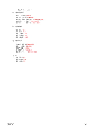 6.5.5 Exercices 
a) Additionner : 
11101 + 10110 = 110011 
110111 + 110101 = 1001100 
11101011101 + 101101011 = 100011001000 
111101010 + 1110110 = 1001100000 
110011110 + 110110111 = 1001111001 
b) Soustraire : 
110 – 011 = 011 
100 – 010 = 010 
1101 – 1001 = 100 
1111 – 1011 = 100 
1101 – 0011 = 1010 
c) Multiplier : 
101001 * 1101 = 1000010101 
11011 * 1001 = 11110011 
1000 * 101 = 101000 
10 0101 * 10 = 1001010 
11010011 * 110 = 10011110010 
d) Diviser : 
1001 ÷ 11 = 011 
1100 ÷ 10 = 110 
1111 ÷ 10 = 111 
LMODE 26 
 