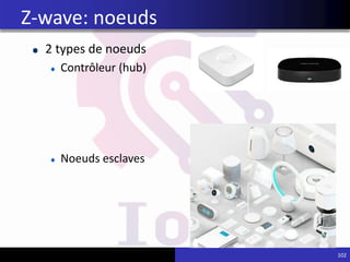 2 types de noeuds
Contrôleur (hub)
Noeuds esclaves
102
Z-wave: noeuds
 