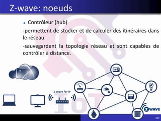 Contrôleur (hub)
-permettent de stocker et de calculer des itinéraires dans
le réseau.
-sauvegardent la topologie réseau et sont capables de
contrôler à distance.
103
Z-wave: noeuds
 