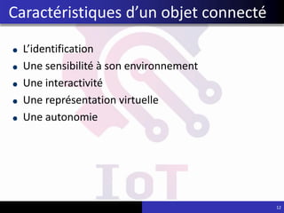 L’identification
Une sensibilité à son environnement
Une interactivité
Une représentation virtuelle
Une autonomie
12
Caractéristiques d’un objet connecté
 
