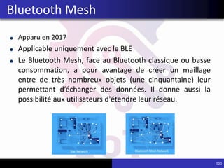 Apparu en 2017
Applicable uniquement avec le BLE
Le Bluetooth Mesh, face au Bluetooth classique ou basse
consommation, a pour avantage de créer un maillage
entre de très nombreux objets (une cinquantaine) leur
permettant d’échanger des données. Il donne aussi la
possibilité aux utilisateurs d'étendre leur réseau.
120
Bluetooth Mesh
 