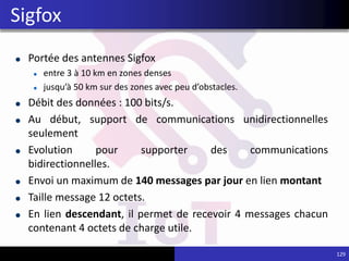 Portée des antennes Sigfox
entre 3 à 10 km en zones denses
jusqu’à 50 km sur des zones avec peu d’obstacles.
Débit des données : 100 bits/s.
Au début, support de communications unidirectionnelles
seulement
Evolution pour supporter des communications
bidirectionnelles.
Envoi un maximum de 140 messages par jour en lien montant
Taille message 12 octets.
En lien descendant, il permet de recevoir 4 messages chacun
contenant 4 octets de charge utile.
129
Sigfox
 