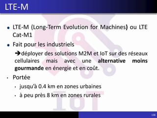 LTE-M (Long-Term Evolution for Machines) ou LTE
Cat-M1
Fait pour les industriels
déployer des solutions M2M et IoT sur des réseaux
cellulaires mais avec une alternative moins
gourmande en énergie et en coût.
• Portée
• jusqu’à 0.4 km en zones urbaines
• à peu près 8 km en zones rurales
138
LTE-M
 