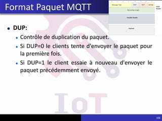 Format Paquet MQTT
DUP:
Contrôle de duplication du paquet.
Si DUP=0 le clients tente d'envoyer le paquet pour
la première fois.
Si DUP=1 le client essaie à nouveau d'envoyer le
paquet précédemment envoyé.
166
 