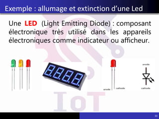 Une LED (Light Emitting Diode) : composant
électronique très utilisé dans les appareils
électroniques comme indicateur ou afficheur.
33
Exemple : allumage et extinction d’une Led
 