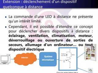 La commande d’une LED à distance ne présente
qu’un intérêt limité.
Cependant, il est possible d’étendre ce concept
pour déclencher divers dispositifs à distance :
éclairage, ventilation, climatisation, moteur,
déverrouillage ou ouverture de sorties de
secours, allumage d’un ordinateur… ou tout
dispositif électrique
38
Extension : déclenchement d’un dispositif
quelconque à distance
 