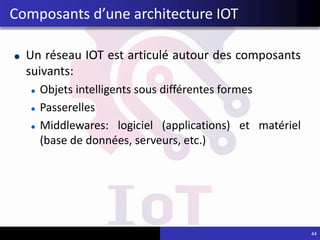 Un réseau IOT est articulé autour des composants
suivants:
Objets intelligents sous différentes formes
Passerelles
Middlewares: logiciel (applications) et matériel
(base de données, serveurs, etc.)
44
Composants d’une architecture IOT
 