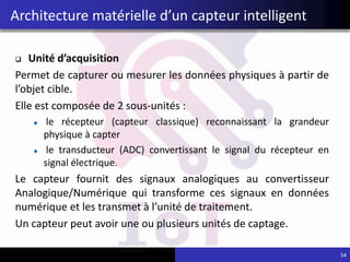 Architecture matérielle d’un capteur intelligent
 Unité d’acquisition
Permet de capturer ou mesurer les données physiques à partir de
l’objet cible.
Elle est composée de 2 sous-unités :
le récepteur (capteur classique) reconnaissant la grandeur
physique à capter
le transducteur (ADC) convertissant le signal du récepteur en
signal électrique.
Le capteur fournit des signaux analogiques au convertisseur
Analogique/Numérique qui transforme ces signaux en données
numérique et les transmet à l’unité de traitement.
Un capteur peut avoir une ou plusieurs unités de captage.
54
 