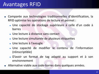 Comparée aux technologies traditionnelles d’identification, la
RFID optimise les opérations de lecture et permet :
Une capacité de stockage supérieure à celle d’un code à
barres
Une lecture à distance sans contact
Une lecture simultanée de plusieurs étiquettes
Une lecture à l’aveugle
Une capacité de modifier le contenu de l’information
(réinscriptible)
D’avoir un format de tag adapté au support et à son
environnement
Alternative viable aux code-barres dans quelques années.
87
Avantages RFID
 