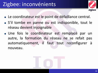 Le coordinateur est le point de défaillance central.
S’il tombe en panne ou est indisponible, tout le
réseau devient injoignable
Une fois le coordinateur est remplacé par un
autre, la formation du réseau ne se refait pas
automatiquement, il faut tout reconfigurer à
nouveau.
98
Zigbee: inconvénients
 