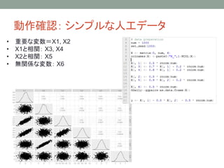 動作確認： シンプルな人工データ
• 重要な変数＝X1, X2
• X1と相関： X3, X4
• X2と相関： X5
• 無関係な変数： X6
 