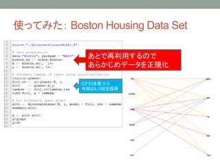 使ってみた： Boston Housing Data Set
あとで再利用するので
あらかじめデータを正規化
CVでλを見つつ
今回はλ.1SEを採用
 