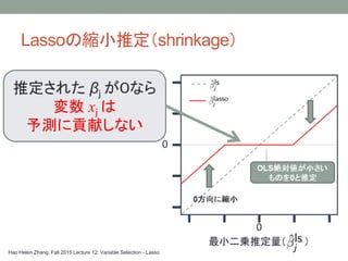 Lassoの縮小推定（shrinkage）
Hao Helen Zhang, Fall 2015 Lecture 12: Variable Selection - Lasso
推定された βｊ が０なら
変数 xｊ は
予測に貢献しない
 