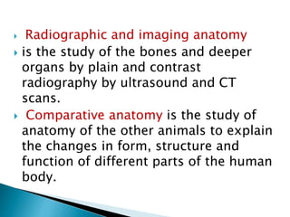  Radiographic and imaging anatomy
 is the study of the bones and deeper
organs by plain and contrast
radiography by ultrasound and CT
scans.
 Comparative anatomy is the study of
anatomy of the other animals to explain
the changes in form, structure and
function of different parts of the human
body.
 