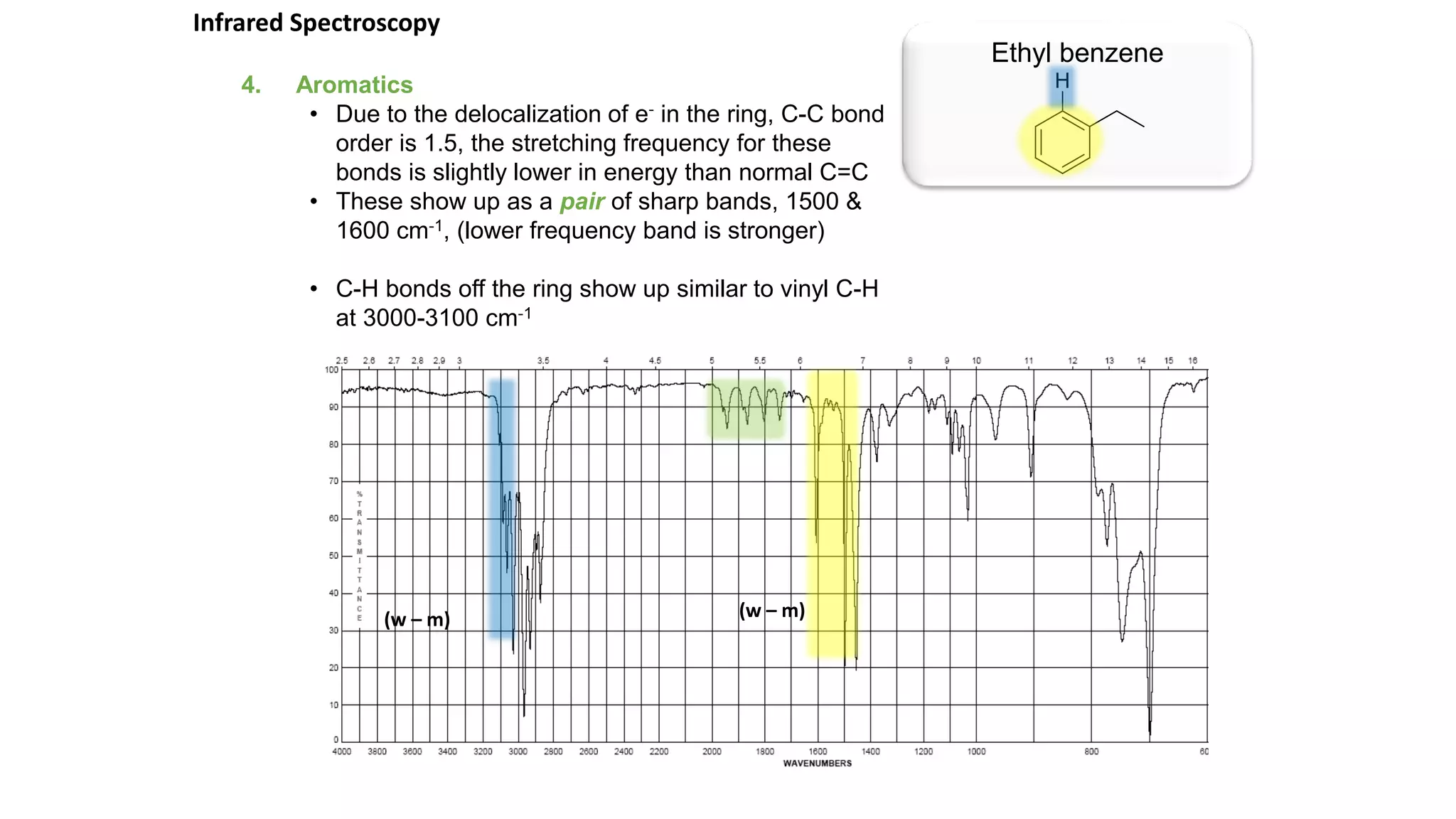 4. Aromatics
• Due to the delocalization of e- in the ring, C-C bond
order is 1.5, the stretching frequency for these
bonds is slightly lower in energy than normal C=C
• These show up as a pair of sharp bands, 1500 &
1600 cm-1, (lower frequency band is stronger)
• C-H bonds off the ring show up similar to vinyl C-H
at 3000-3100 cm-1
Ethyl benzene
Infrared Spectroscopy
(w – m) (w – m)
 