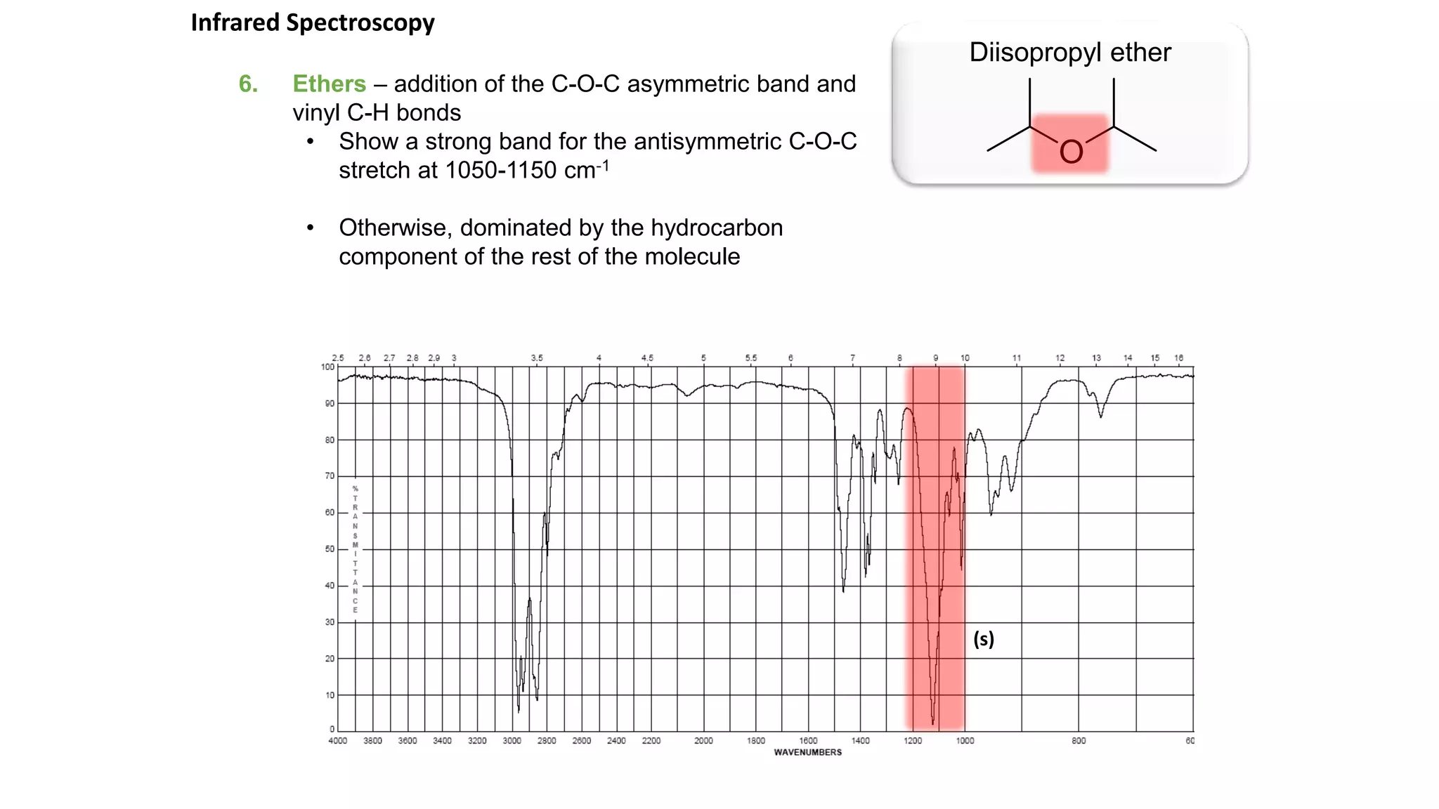 6. Ethers – addition of the C-O-C asymmetric band and
vinyl C-H bonds
• Show a strong band for the antisymmetric C-O-C
stretch at 1050-1150 cm-1
• Otherwise, dominated by the hydrocarbon
component of the rest of the molecule
Diisopropyl ether
Infrared Spectroscopy
(s)
 