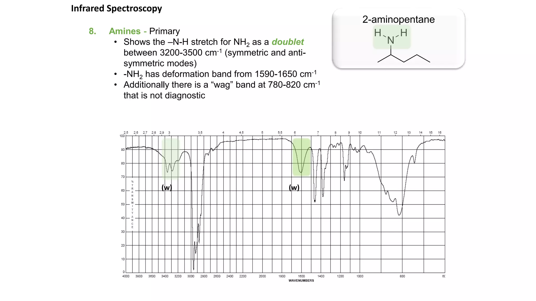 8. Amines - Primary
• Shows the –N-H stretch for NH2 as a doublet
between 3200-3500 cm-1 (symmetric and anti-
symmetric modes)
• -NH2 has deformation band from 1590-1650 cm-1
• Additionally there is a “wag” band at 780-820 cm-1
that is not diagnostic
2-aminopentane
Infrared Spectroscopy
(w) (w)
 