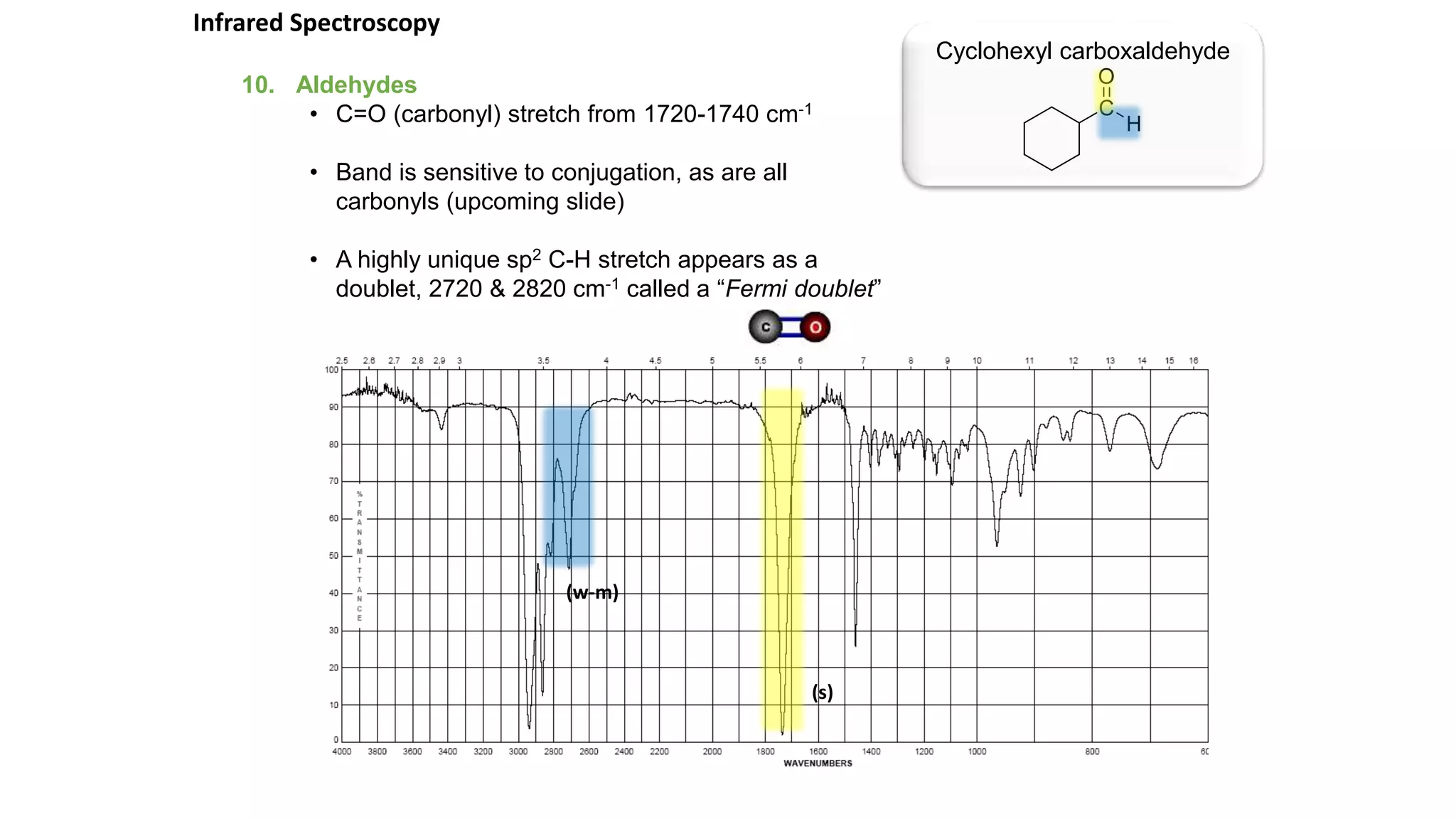 10. Aldehydes
• C=O (carbonyl) stretch from 1720-1740 cm-1
• Band is sensitive to conjugation, as are all
carbonyls (upcoming slide)
• A highly unique sp2 C-H stretch appears as a
doublet, 2720 & 2820 cm-1 called a “Fermi doublet”
Cyclohexyl carboxaldehyde
Infrared Spectroscopy
(w-m)
(s)
 