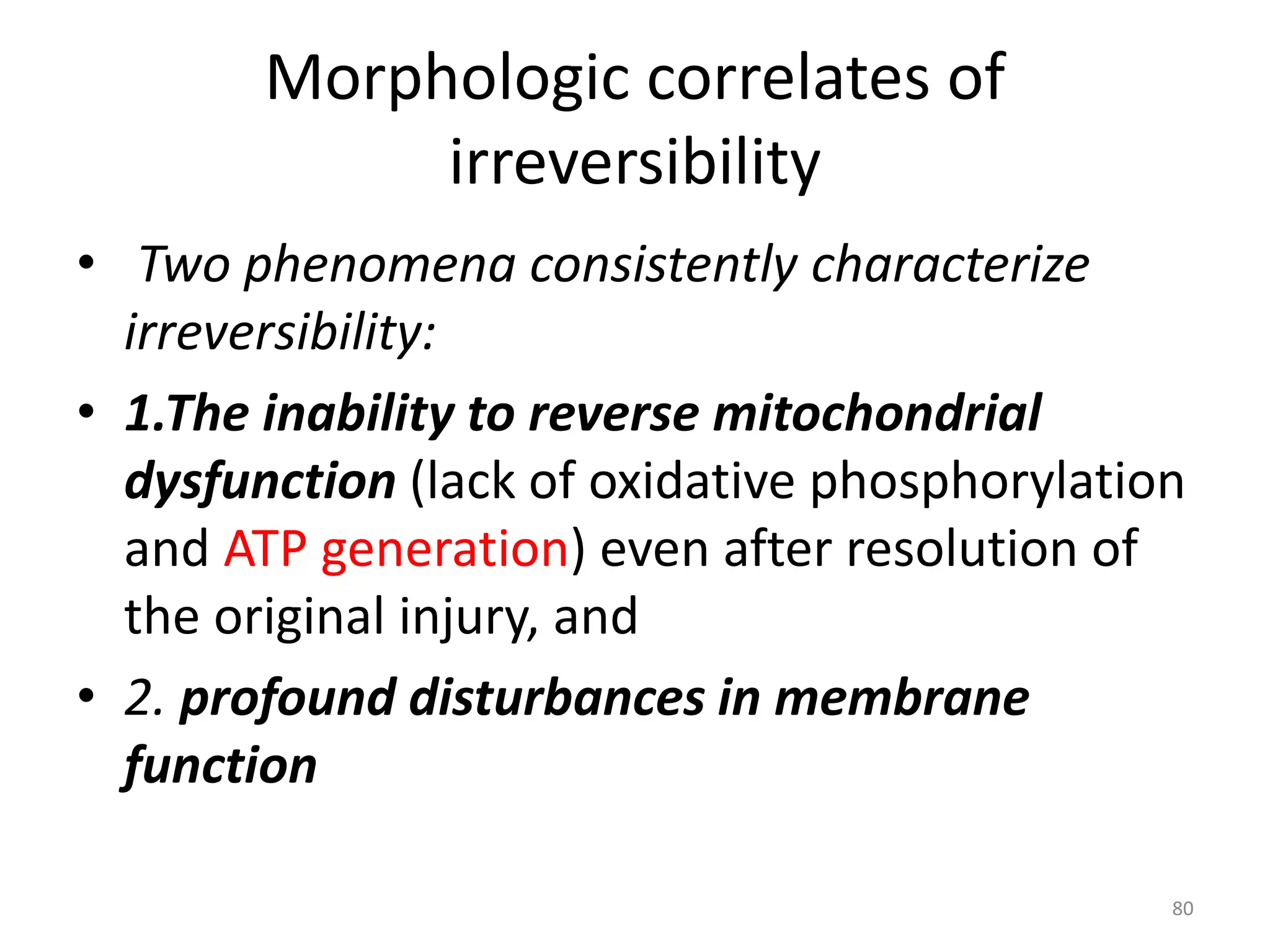 Morphologic correlates of
irreversibility
• Two phenomena consistently characterize
irreversibility:
• 1.The inability to reverse mitochondrial
dysfunction (lack of oxidative phosphorylation
and ATP generation) even after resolution of
the original injury, and
• 2. profound disturbances in membrane
function
80
 