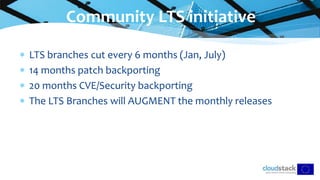  LTS branches cut every 6 months (Jan, July)
 14 months patch backporting
 20 months CVE/Security backporting
 The LTS Branches will AUGMENT the monthly releases
Community LTS initiative
 