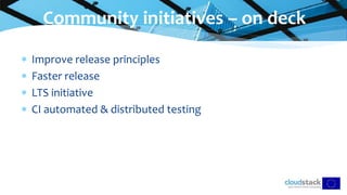  Improve release principles
 Faster release
 LTS initiative
 CI automated & distributed testing
Community initiatives – on deck
 