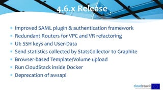  Improved SAML plugin & authentication framework
 Redundant Routers for VPC and VR refactoring
 UI: SSH keys and User-Data
 Send statistics collected by StatsCollector to Graphite
 Browser-based Template/Volume upload
 Run CloudStack inside Docker
 Deprecation of awsapi
4.6.x Release
 