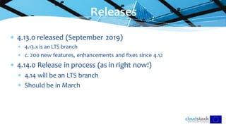  4.13.0 released (September 2019)
 4.13.x is an LTS branch
 c. 200 new features, enhancements and fixes since 4.12
 4.14.0 Release in process (as in right now!)
 4.14 will be an LTS branch
 Should be in March
Releases
 