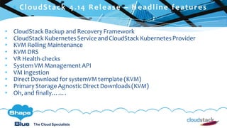 C l i c k t o e d i t
The Cloud Specialists
ShapeBlue.com @ShapeBlueThe Cloud Specialists
• CloudStack Backup and Recovery Framework
• CloudStack KubernetesService andCloudStack KubernetesProvider
• KVM Rolling Maintenance
• KVM DRS
• VR Health-checks
• SystemVM Management API
• VM Ingestion
• Direct Download for systemVM template (KVM)
• Primary Storage AgnosticDirect Downloads(KVM)
• Oh, and finally…….
 CloudStack 4.14 Release – Headline features
 