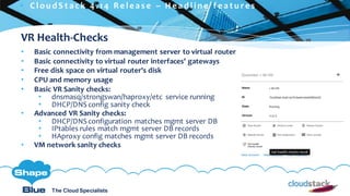 C l i c k t o e d i t
The Cloud Specialists
ShapeBlue.com @ShapeBlueThe Cloud Specialists
VR Health-Checks
• Basic connectivity from management server to virtual router
• Basic connectivity to virtual router interfaces' gateways
• Free disk space on virtual router's disk
• CPU and memory usage
• Basic VR Sanity checks:
• dnsmasq/strongswan/haproxy/etc service running
• DHCP/DNS config sanity check
• Advanced VR Sanity checks:
• DHCP/DNS configuration matches mgmt server DB
• IPtables rules match mgmt server DB records
• HAproxy config matches mgmt server DB records
• VM network sanity checks
 C l ou d S t a c k 4 . 1 4 R e l e a s e – H e a d l i n e f e a t u r e s
 