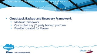 C l i c k t o e d i t
The Cloud Specialists
ShapeBlue.com @ShapeBlueThe Cloud Specialists
• Cloudstack Backup and Recovery Framework
• Modular framework
• Can exploit any 3rd party backup platform
• Provider created for Veeam
 C l ou d s t a c k B a c k u p a n d R e c ov e r y F r a m e wor k
 