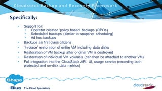 C l i c k t o e d i t
The Cloud Specialists
ShapeBlue.com @ShapeBlueThe Cloud Specialists
Specifically:
• Support for:
• Operator created ‘policy based’ backups (RPOs)
• Scheduled backups (similar to snapshot scheduling)
• Ad hoc backups
• Backups as first class citizens
• ‘In-place’ restoration of entire VM including data disks
• Restoration of VM backup after original VM is destroyed
• Restoration of individual VM volumes (can then be attached to another VM)
• Full integration into the CloudStack API, UI, usage service (recording both
protected and on-disk data metrics)
 C l ou d s t a c k B a c k u p a n d R e c ov e r y F r a m e wor k
 