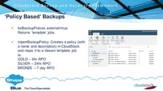 C l i c k t o e d i t
The Cloud Specialists
@ShapeBlueShapeBlue.comThe Cloud Specialists
 C l ou d s t a c k B a c k u p a n d R e c ov e r y F r a m e wor k
‘Policy Based’ Backups
• listBackupPolices external=true
Returns ‘template’ jobs.
• importBackupPolicy Creates a policy (with
a name and description) in CloudStack
and maps it to a Veeam template job.
ie.
GOLD – 6hr RPO
SILVER – 24hr RPO
BRONZE – 7 day RPO
 