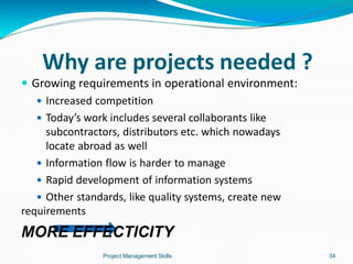 Why are projects needed ?
 Growing requirements in operational environment:
 Increased competition
 Today’s work includes several collaborants like
subcontractors, distributors etc. which nowadays
locate abroad as well
 Information flow is harder to manage
 Rapid development of information systems
 Other standards, like quality systems, create new
requirements
MORE EFFECTICITY
Project Management Skills 34
 