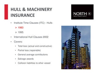 11
HULL & MACHINERY
INSURANCE
• Institute Time Clauses (ITC) - Hulls
1983
1995
• International Hull Clauses 2002
• Covers:
• Total loss (actual and constructive)
• Partial loss (repairable)
• General average contributions
• Salvage awards
• Collision liabilities to other vessel
 
