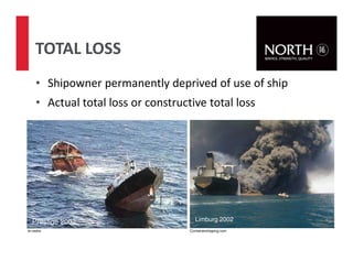 • Shipowner permanently deprived of use of ship
• Actual total loss or constructive total loss
TOTAL LOSS
Containershipping.comle-cedre.
Prestige 2002 Limburg 2002
12
 