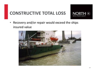 • Recovery and/or repair would exceed the ships
insured value
14
CONSTRUCTIVE TOTAL LOSS
 