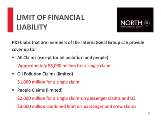 P&I Clubs that are members of the International Group can provide
cover up to:
• All Claims (except for oil pollution and people)
Approximately $8,000 million for a single claim
• Oil Pollution Claims (limited)
$1,000 million for a single claim
• People Claims (limited)
$2,000 million for a single claim on passenger claims and US
$3,000 million combined limit on passenger and crew claims
36
LIMIT OF FINANCIAL
LIABILITY
 