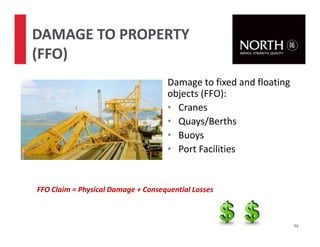 Damage to fixed and floating
objects (FFO):
• Cranes
• Quays/Berths
• Buoys
• Port Facilities
FFO Claim = Physical Damage + Consequential Losses
46
DAMAGE TO PROPERTY
(FFO)
 