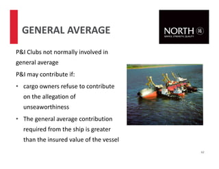 P&I Clubs not normally involved in
general average
P&I may contribute if:
• cargo owners refuse to contribute
on the allegation of
unseaworthiness
• The general average contribution
required from the ship is greater
than the insured value of the vessel
62
GENERAL AVERAGE
 