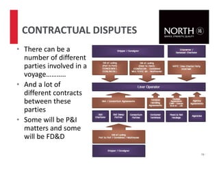 • There can be a
number of different
parties involved in a
voyage………..
• And a lot of
different contracts
between these
parties
• Some will be P&I
matters and some
will be FD&D
74
CONTRACTUAL DISPUTES
 