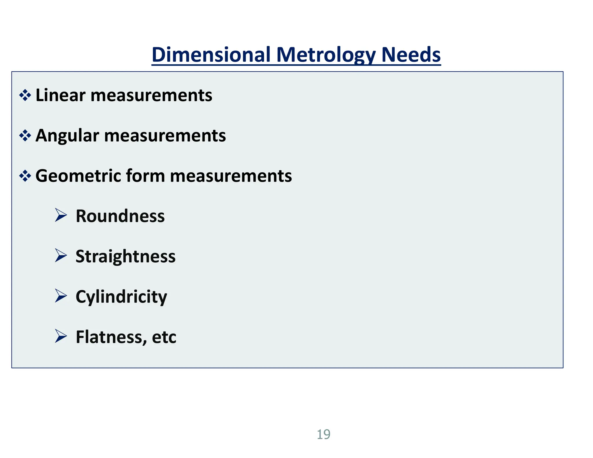 Dimensional Metrology Needs
 Linear measurements
 Angular measurements
 Geometric form measurements
 Roundness
 Straightness
 Cylindricity
 Flatness, etc
19
 