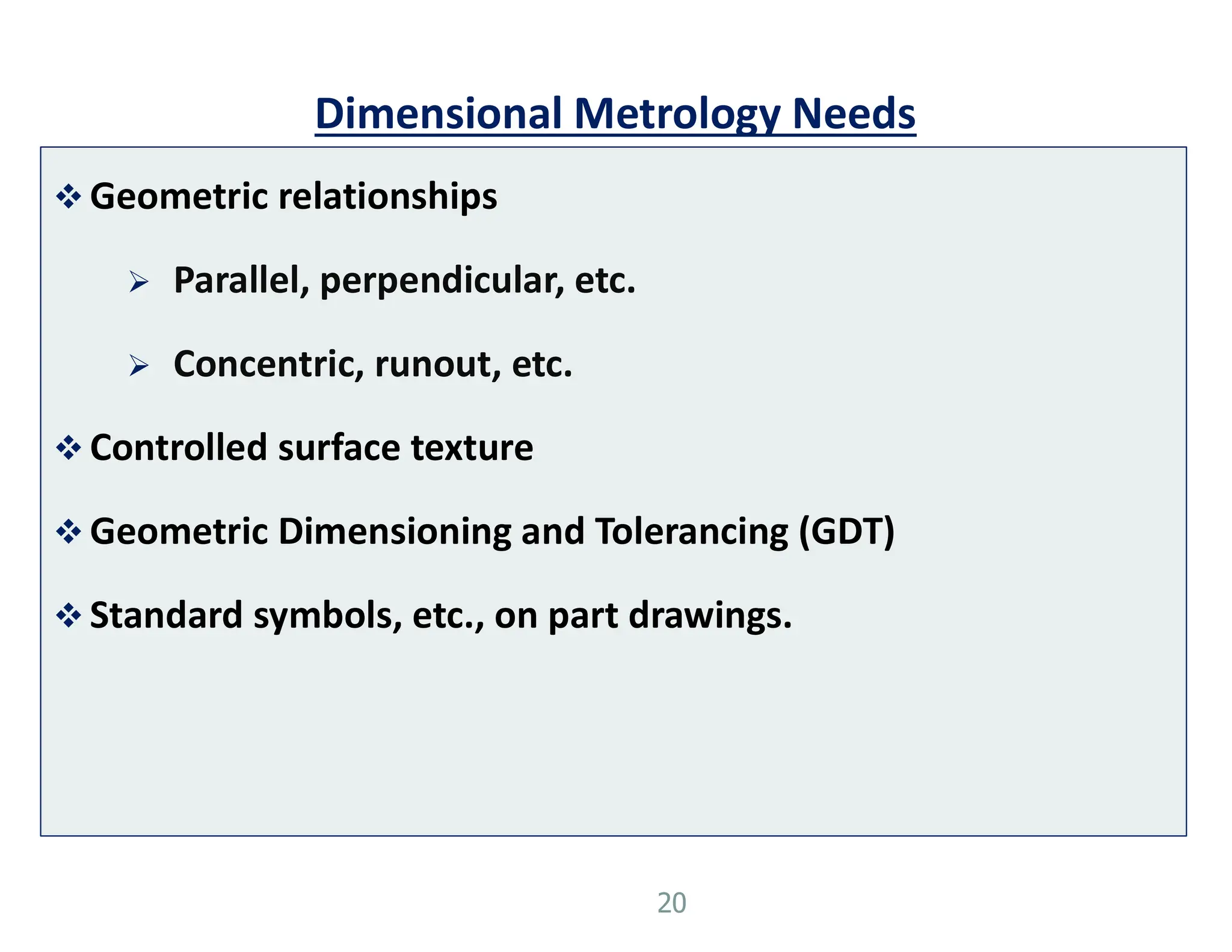 Dimensional Metrology Needs
 Geometric relationships
 Parallel, perpendicular, etc.
 Concentric, runout, etc.
 Controlled surface texture
 Geometric Dimensioning and Tolerancing (GDT)
 Standard symbols, etc., on part drawings.
20
 